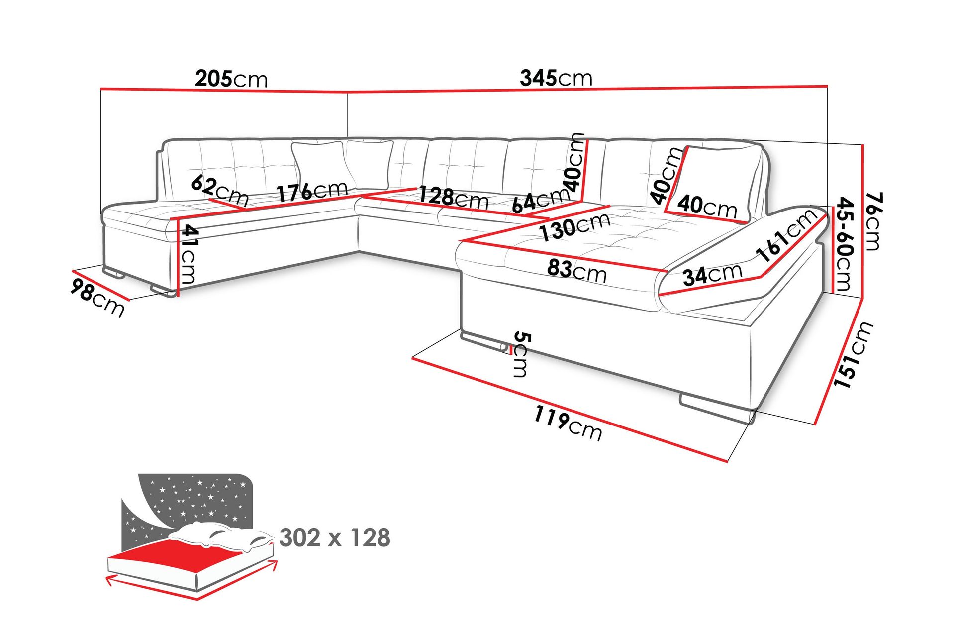 Zumar Sovesofa med Sjeselong og Dobbel Sjeselong 4-seter i Chenille - Oransje - Møbler - Sofaer - Sovesofaer - Sovesofa divan