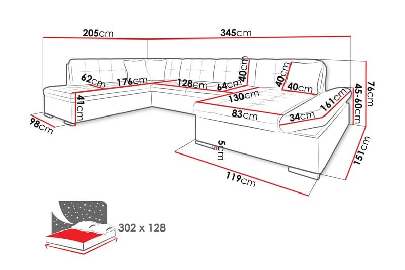 Zumar Sovesofa med Sjeselong og Dobbel Sjeselong 4-seter i Kunstlær - Svart / Grå - Møbler - Sofaer - Sovesofaer - Sovesofa divan
