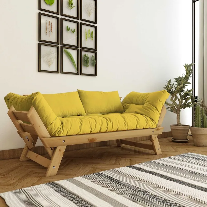 Zylar 2-seter Utfellbar Sovesofa i Gul/natur Stoff med Treramme, Gul|Brun