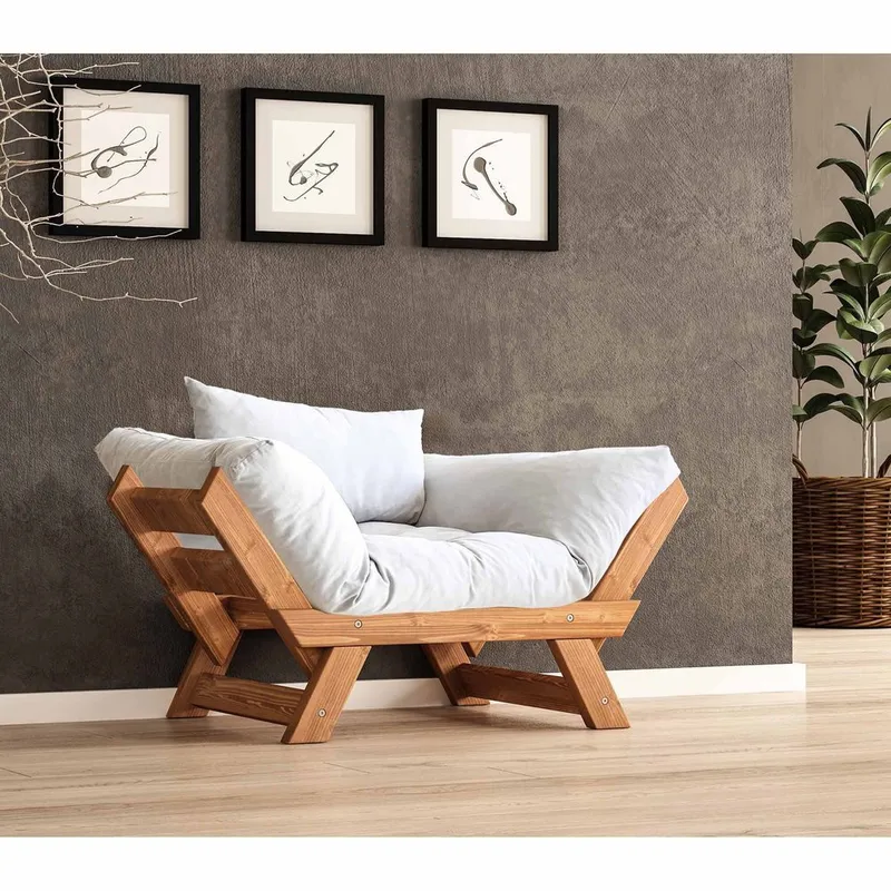 Zylar 2-seter Utfellbar Sovesofa med Treramme 75x140 cm i Lin, Hvit|Brun