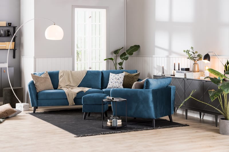 Trend Sofagruppe 3-seters + 2-seters Sofa + Lenestol + Fotskammel i Fløyel - Blå - Møbler - Sofaer - Sofagrupper