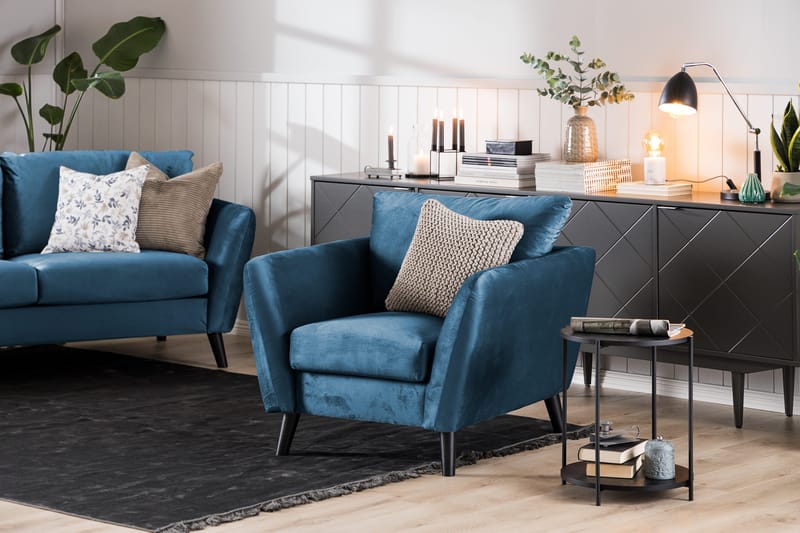 Trend Sofagruppe 3-seters + 2-seters Sofa + Lenestol + Fotskammel i Fløyel - Blå - Møbler - Sofaer - Sofagrupper