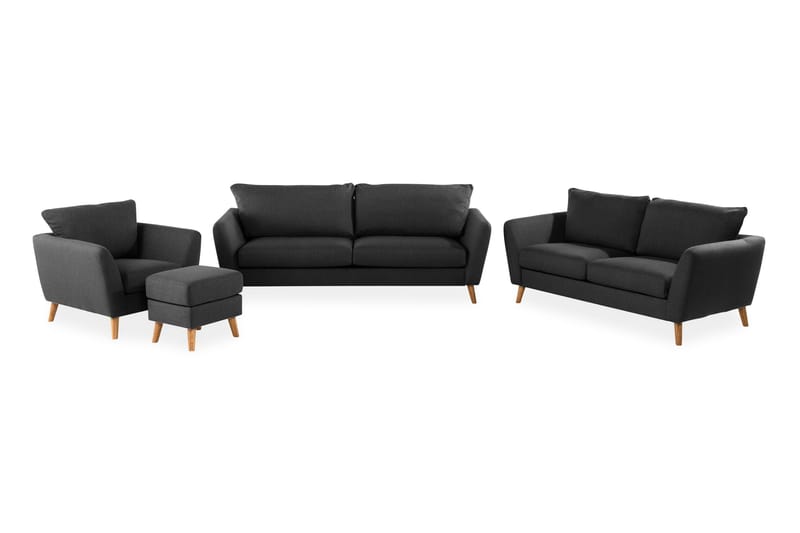 Trend Sofagruppe 3-seters + 2-seters Sofa + Lenestol + Fotskammel i Stoff, Svart