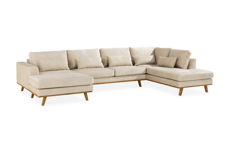 Copenhagen 5-seters Høyrevendt U-formet Large Sofa med Divan og Sjeselong i Fløyel - Beige - Møbler - Sofaer - U-sofa