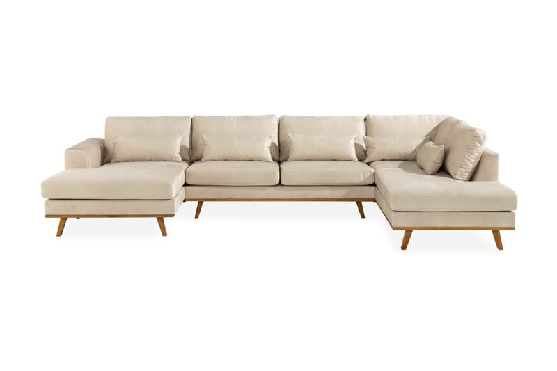 Copenhagen 5-seters Høyrevendt U-formet Large Sofa med Divan og Sjeselong i Fløyel - Beige - Møbler - Sofaer - U-sofa