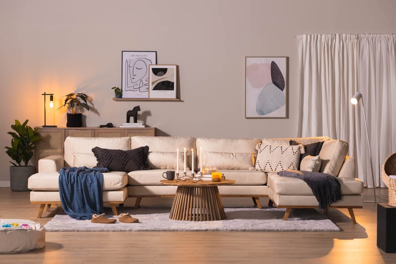 Copenhagen 5-seters Høyrevendt U-formet Large Sofa med Divan og Sjeselong i Fløyel - Beige - Møbler - Sofaer - U-sofa