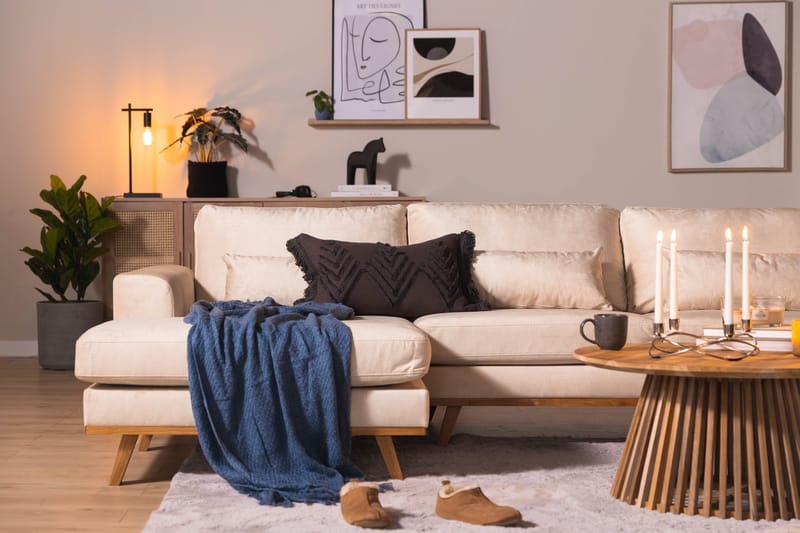 Copenhagen 5-seters Høyrevendt U-formet Large Sofa med Divan og Sjeselong i Fløyel - Beige - Møbler - Sofaer - U-sofa