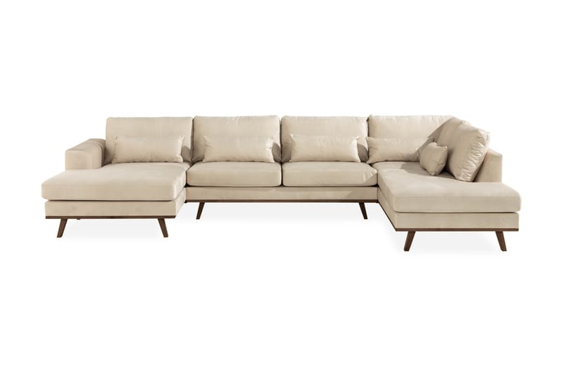 Copenhagen 5-seters Høyrevendt U-formet Sofa med Divan og Sjeselong i Fløyel - Beige - Møbler - Sofaer - U-sofa