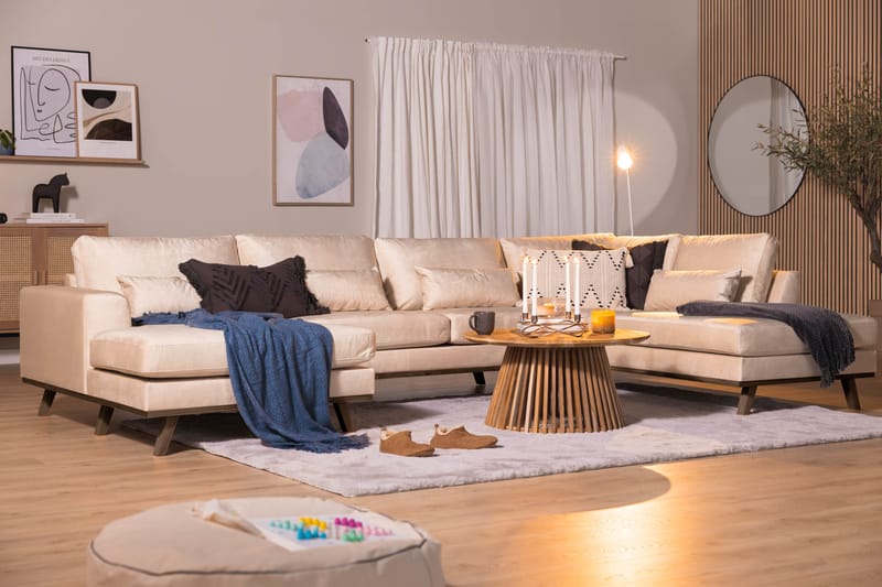 Copenhagen 5-seters Høyrevendt U-formet Sofa med Divan og Sjeselong i Fløyel - Beige - Møbler - Sofaer - U-sofa