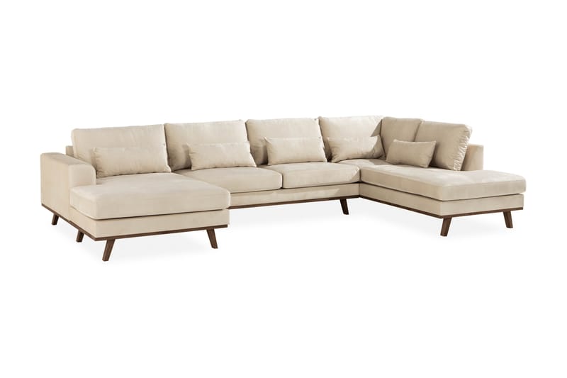 Copenhagen 5-seters Høyrevendt U-formet Sofa med Divan og Sjeselong i Fløyel - Beige - Møbler - Sofaer - U-sofa