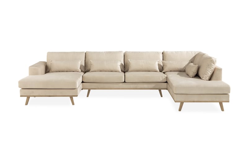 Copenhagen 5-seters Høyrevendt U-formet Sofa med Divan og Sjeselong i Fløyel - Beige - Møbler - Sofaer - U-sofa