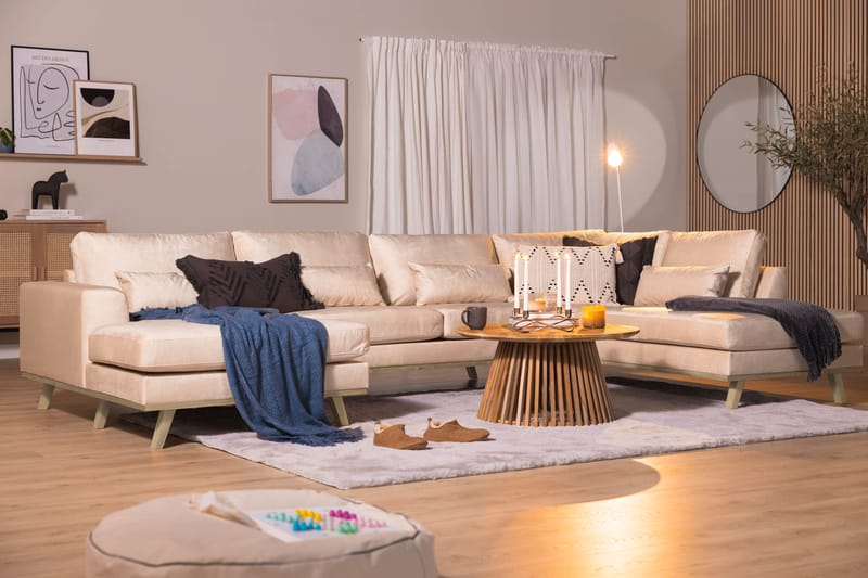 Copenhagen 5-seters Høyrevendt U-formet Sofa med Divan og Sjeselong i Fløyel - Beige - Møbler - Sofaer - U-sofa