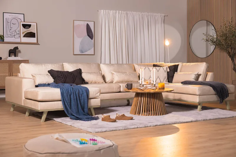 Copenhagen 5-seters Høyrevendt U-formet Sofa med Divan og Sjeselong i Fløyel - Beige - Møbler - Sofaer - U-sofa