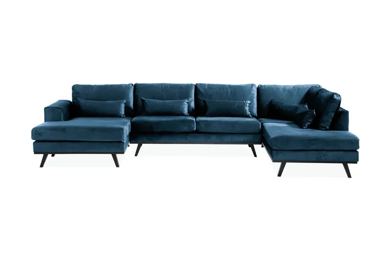 Copenhagen 5-seters Høyrevendt U-formet Sofa med Divan og Sjeselong i Fløyel - Blå - Møbler - Sofaer - U-sofa
