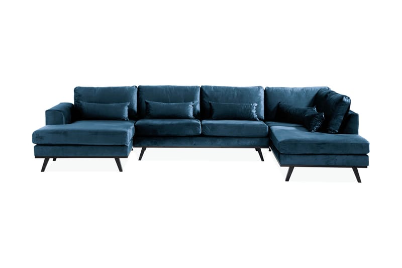 Copenhagen 5-seters Høyrevendt U-formet Sofa med Divan og Sjeselong i Fløyel - Blå - Møbler - Sofaer - U-sofa