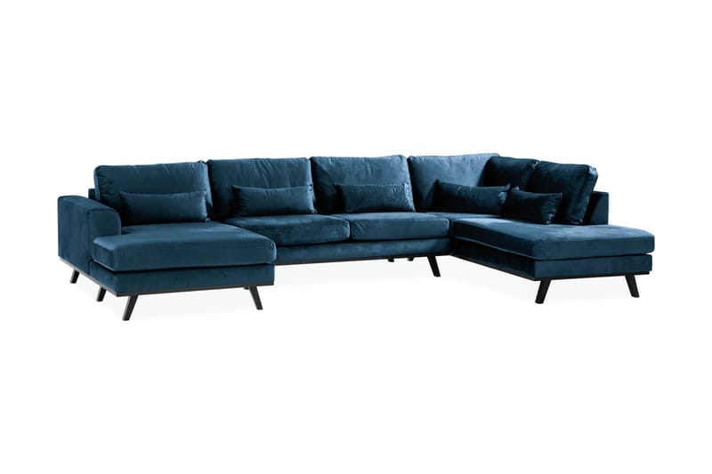 Copenhagen 5-seters Høyrevendt U-formet Sofa med Divan og Sjeselong i Fløyel - Blå - Møbler - Sofaer - U-sofa