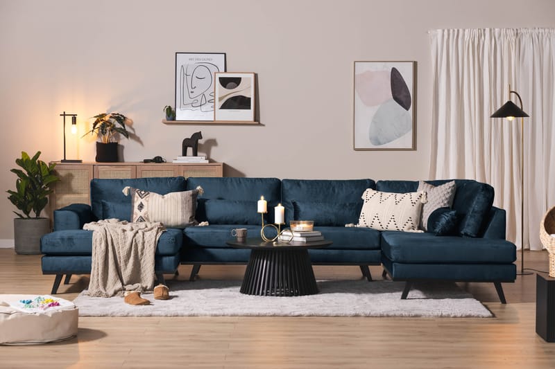 Copenhagen 5-seters Høyrevendt U-formet Sofa med Divan og Sjeselong i Fløyel - Blå - Møbler - Sofaer - U-sofa