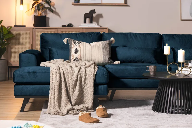 Copenhagen 5-seters Høyrevendt U-formet Sofa med Divan og Sjeselong i Fløyel - Blå - Møbler - Sofaer - U-sofa