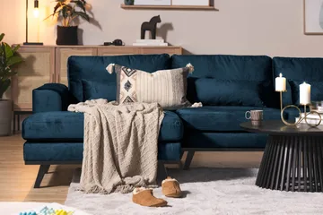 Copenhagen 5-seters Høyrevendt U-formet Sofa med Divan og Sjeselong i Fløyel - Blå - Møbler - Sofaer - U-sofa