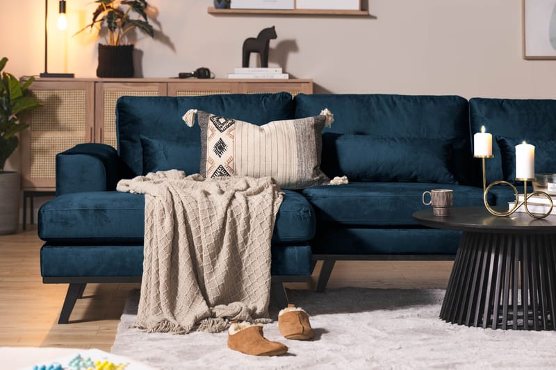 Copenhagen 5-seters Høyrevendt U-formet Sofa med Divan og Sjeselong i Fløyel - Blå - Møbler - Sofaer - U-sofa
