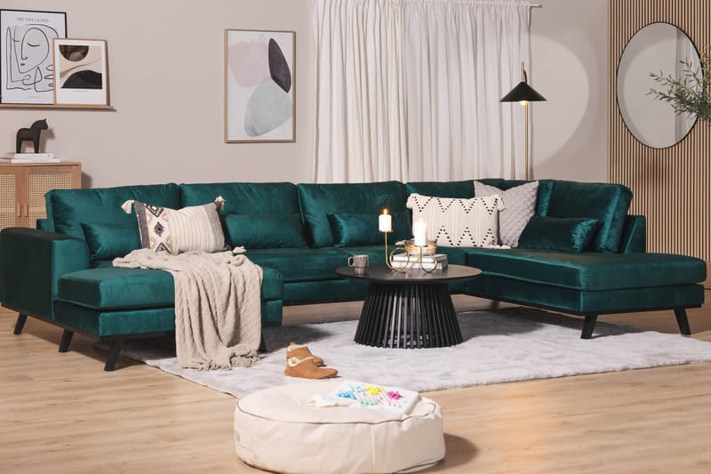 Copenhagen 5-seters Høyrevendt U-formet Sofa med Divan og Sjeselong i Fløyel - Grønn - Møbler - Sofaer - U-sofa
