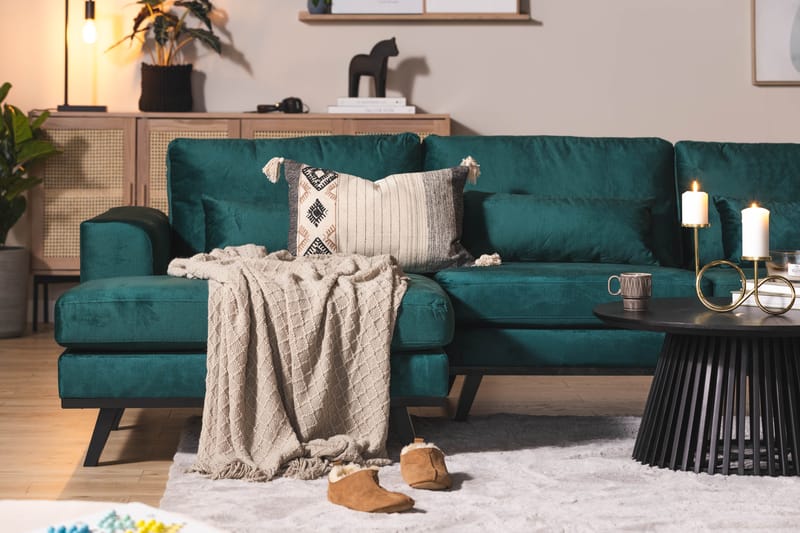 Copenhagen 5-seters Høyrevendt U-formet Sofa med Divan og Sjeselong i Fløyel - Grønn - Møbler - Sofaer - U-sofa