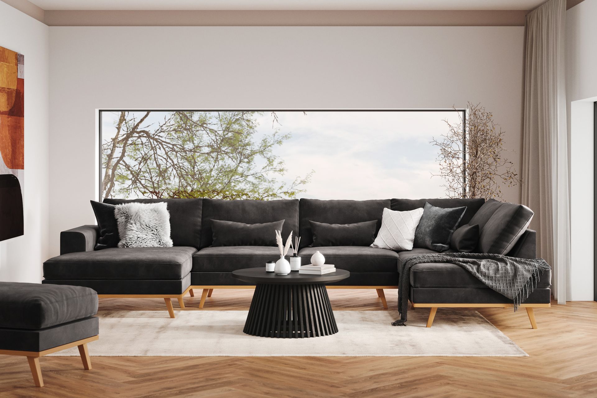 Copenhagen 5-seters Høyrevendt U-formet Sofa med Divan og Sjeselong i Fløyel - Mørk grå - Møbler - Sofaer - U-sofa