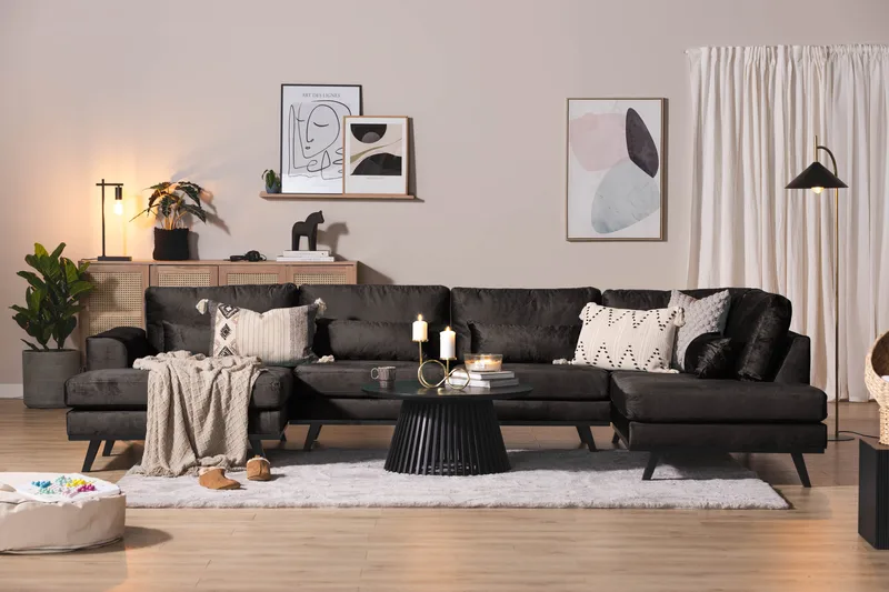 Copenhagen 5-seters Høyrevendt U-formet Sofa med Divan og Sjeselong i Fløyel - Mørk grå - Møbler - Sofaer - U-sofa