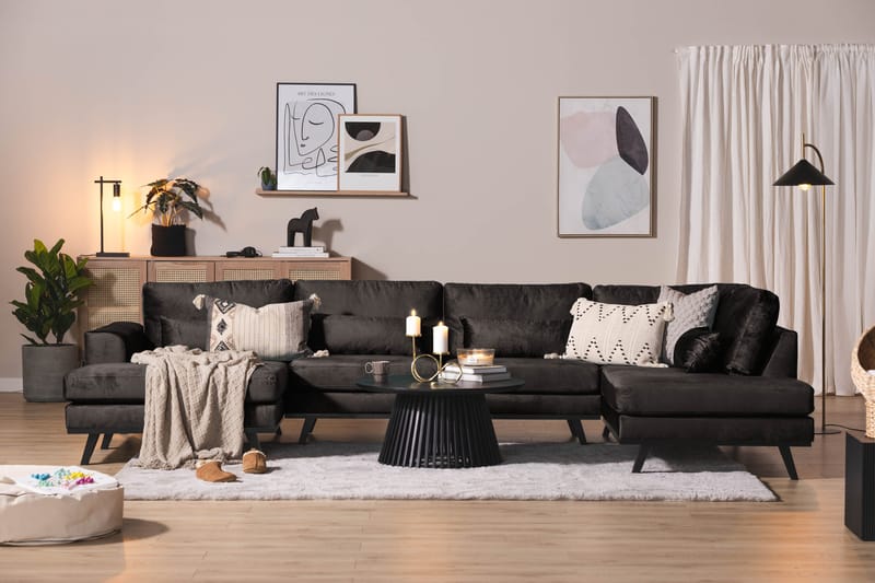 Copenhagen 5-seters Høyrevendt U-formet Sofa med Divan og Sjeselong i Fløyel - Mørk grå - Møbler - Sofaer - U-sofa