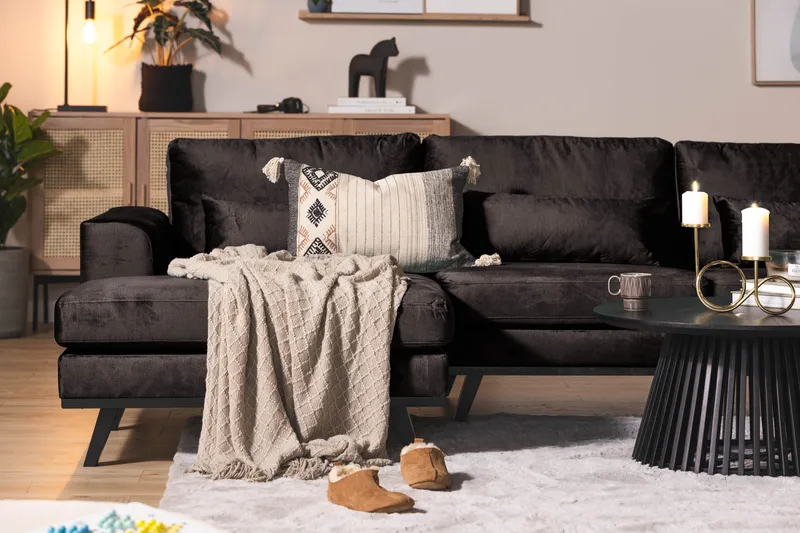 Copenhagen 5-seters Høyrevendt U-formet Sofa med Divan og Sjeselong i Fløyel - Mørk grå - Møbler - Sofaer - U-sofa