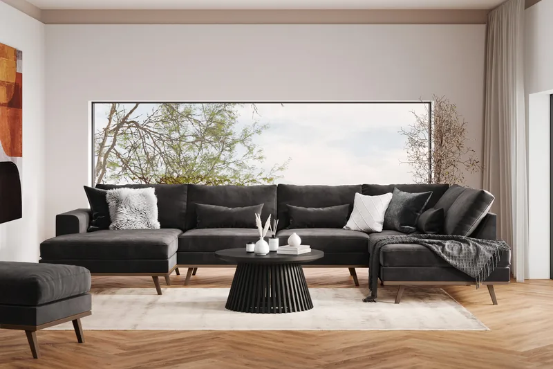 Copenhagen 5-seters Høyrevendt U-formet Sofa med Divan og Sjeselong i Fløyel - Mørk grå - Møbler - Sofaer - U-sofa