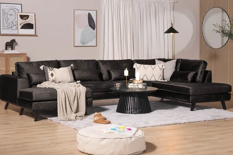 Copenhagen 5-seters Høyrevendt U-formet Sofa med Divan og Sjeselong i Fløyel - Mørk grå - Møbler - Sofaer - U-sofa