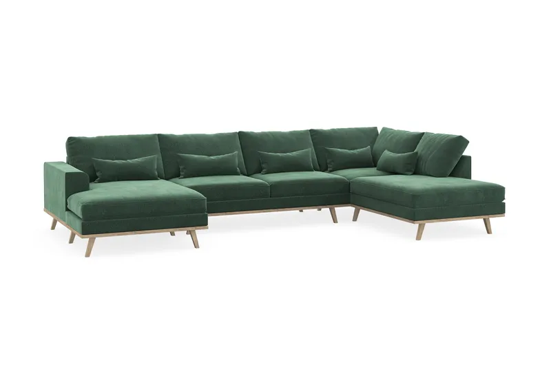 Copenhagen 5-seters Høyrevendt U-formet Sofa med Divan og Sjeselong i Fløyel - Mørk grønn - Møbler - Sofaer - U-sofa