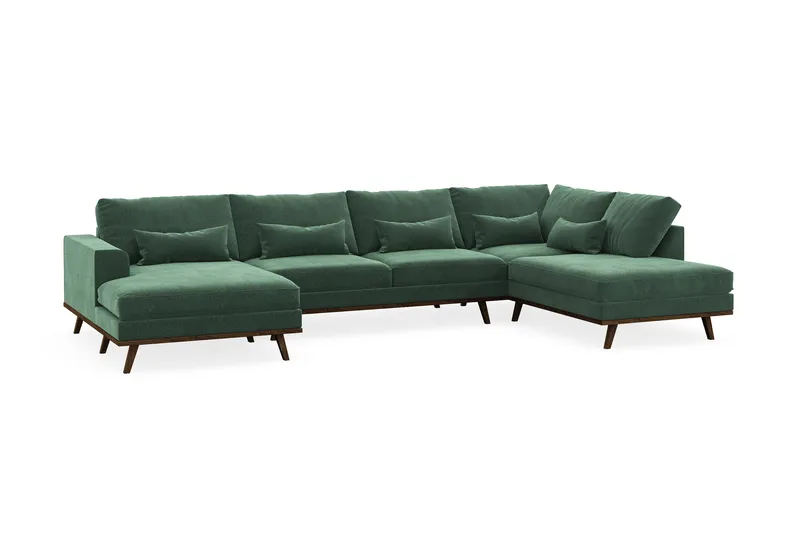 Copenhagen 5-seters Høyrevendt U-formet Sofa med Divan og Sjeselong i Fløyel - Mørk grønn - Møbler - Sofaer - U-sofa