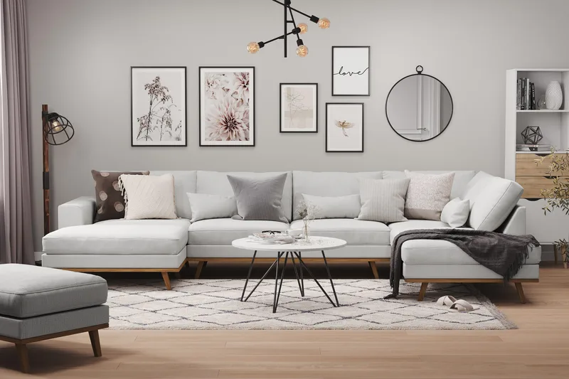 Copenhagen 5-seters Høyrevendt U-formet Sofa med Divan og Sjeselong i Stoff - Grå - Møbler - Sofaer - U-sofa