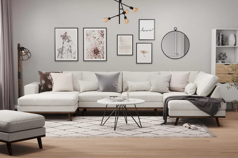 Copenhagen 5-seters Høyrevendt U-formet Sofa med Divan og Sjeselong i Stoff - Lys grå - Møbler - Sofaer - U-sofa