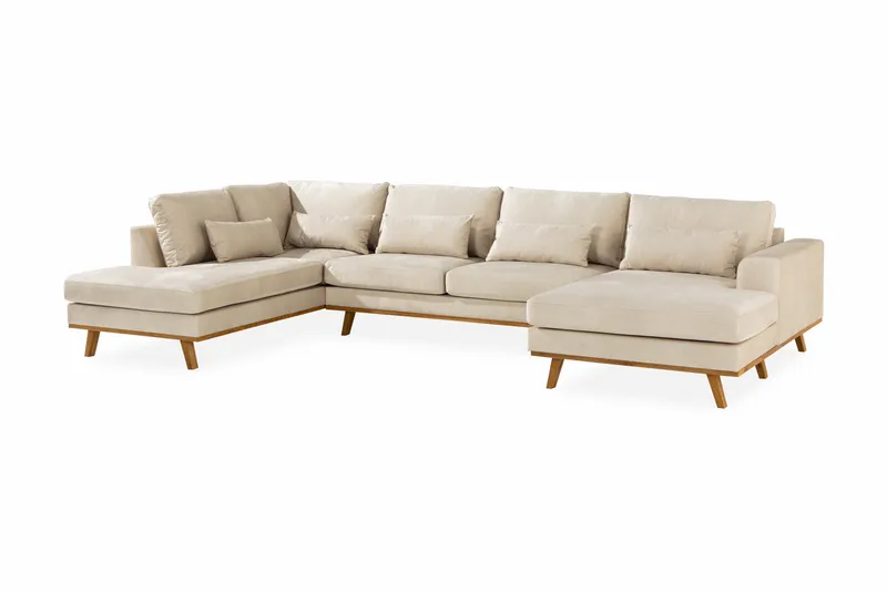 Copenhagen 5-seters Venstrevendt U-formet Sofa med Divan og Sjeselong i Fløyel - Beige - Møbler - Sofaer - U-sofa