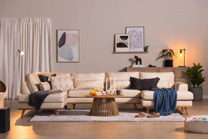 Copenhagen 5-seters Venstrevendt U-formet Sofa med Divan og Sjeselong i Fløyel - Beige - Møbler - Sofaer - U-sofa