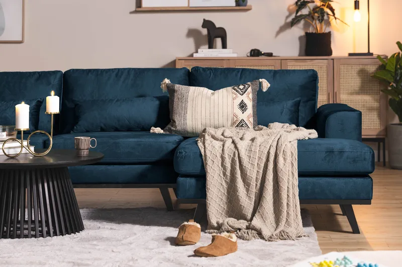 Copenhagen 5-seters Venstrevendt U-formet Sofa med Divan og Sjeselong i Fløyel - Blå - Møbler - Sofaer - U-sofa