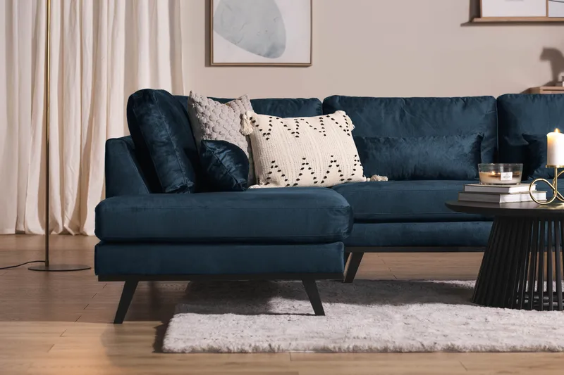 Copenhagen 5-seters Venstrevendt U-formet Sofa med Divan og Sjeselong i Fløyel - Blå - Møbler - Sofaer - U-sofa