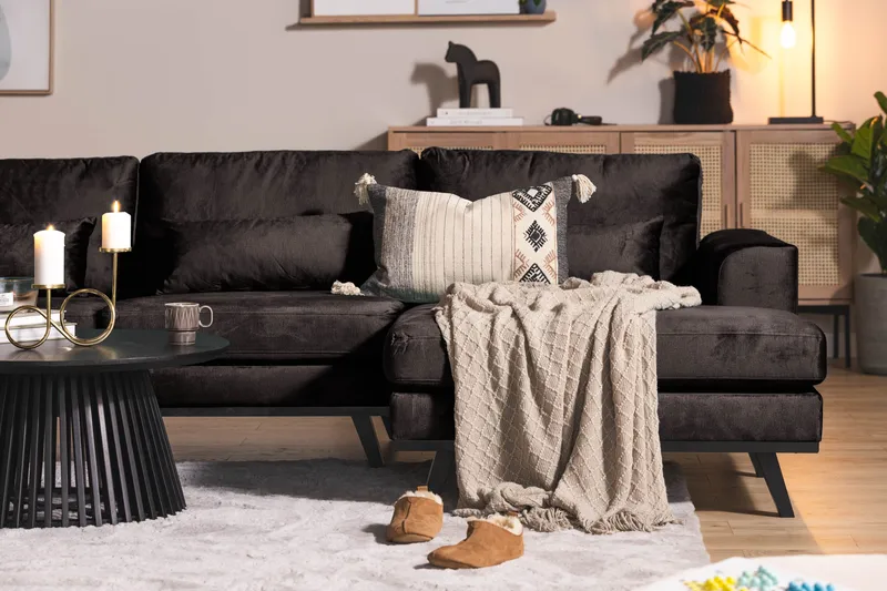 Copenhagen 5-seters Venstrevendt U-formet Sofa med Divan og Sjeselong i Fløyel - Mørk grå - Møbler - Sofaer - U-sofa