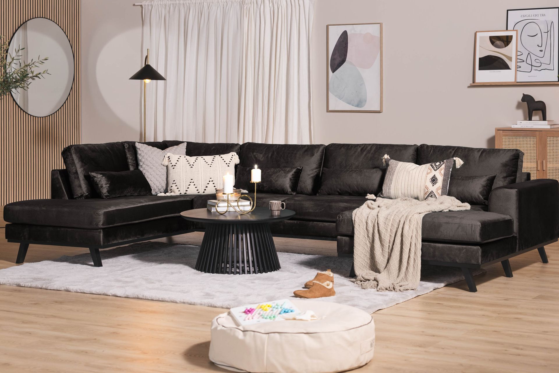 Copenhagen 5-seters Venstrevendt U-formet Sofa med Divan og Sjeselong i Fløyel - Mørk grå - Møbler - Sofaer - U-sofa