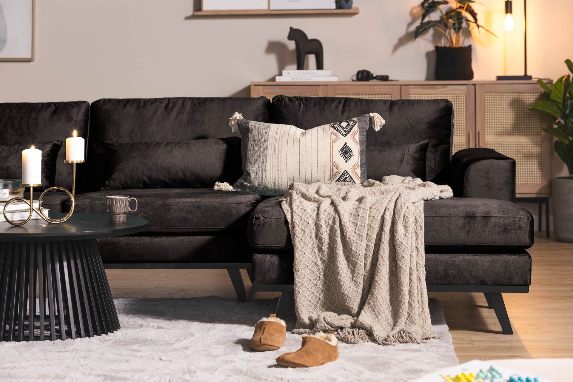 Copenhagen 5-seters Venstrevendt U-formet Sofa med Divan og Sjeselong i Fløyel - Mørk grå - Møbler - Sofaer - U-sofa