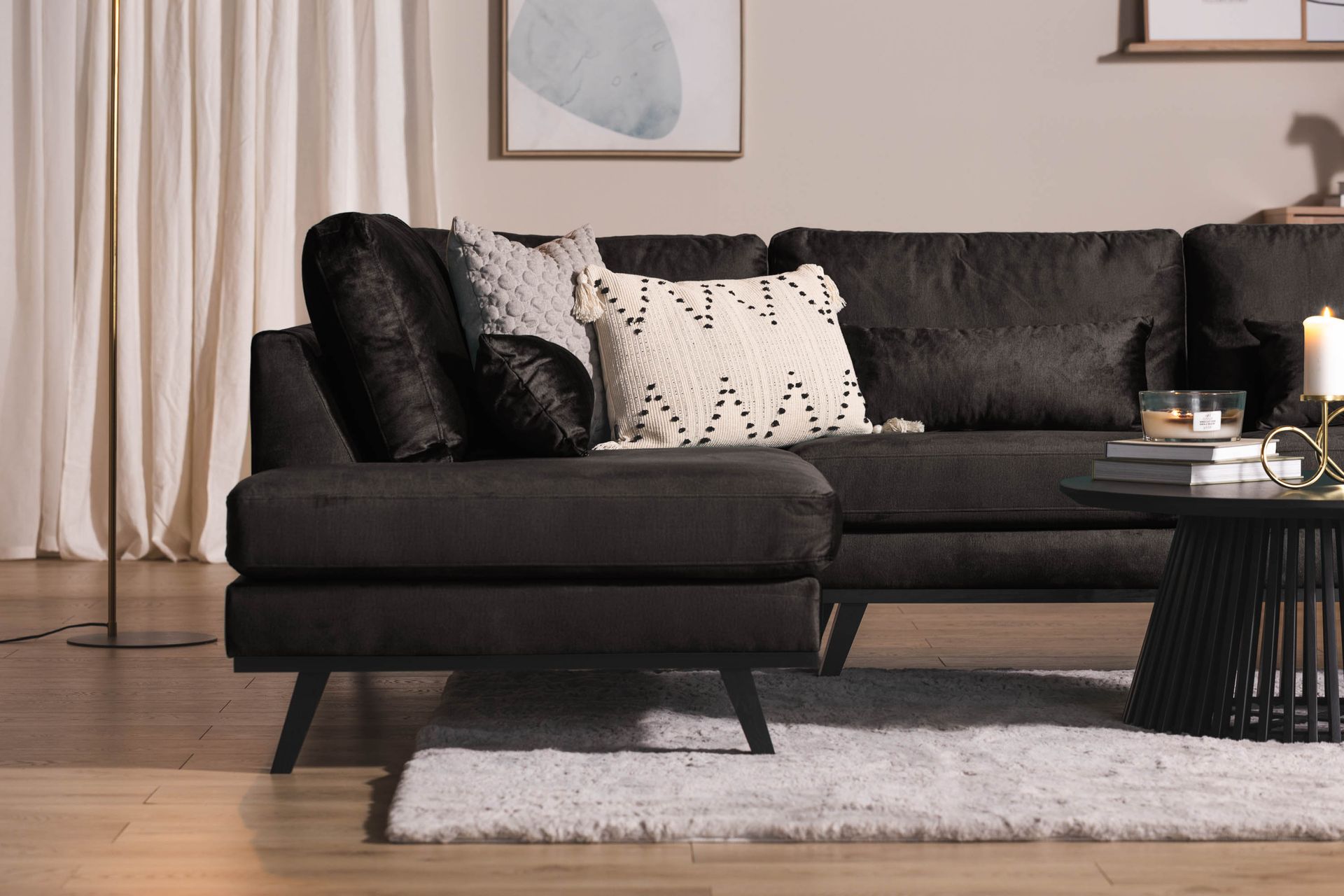 Copenhagen 5-seters Venstrevendt U-formet Sofa med Divan og Sjeselong i Fløyel - Mørk grå - Møbler - Sofaer - U-sofa