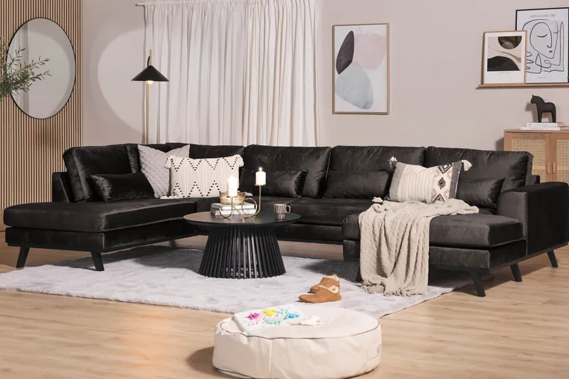 Copenhagen 5-seters Venstrevendt U-formet Sofa med Divan og Sjeselong i Fløyel - Mørk grå - Møbler - Sofaer - U-sofa