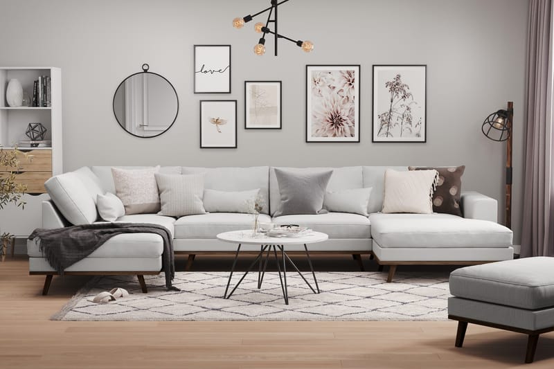 Copenhagen 5-seters Venstrevendt U-formet Sofa med Sjeselong og Divan i Stoff - Grå - Møbler - Sofaer - U-sofa