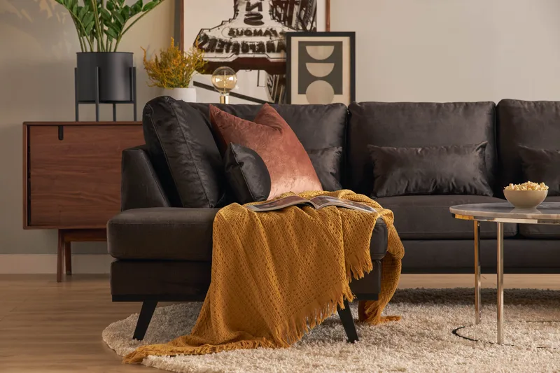 Copenhagen Compact 4-seters Venstrevendt U-formet Large Sofa med Divan og Sjeselong i Fløyel - Mørk grå - Møbler - Sofaer - U-sofa