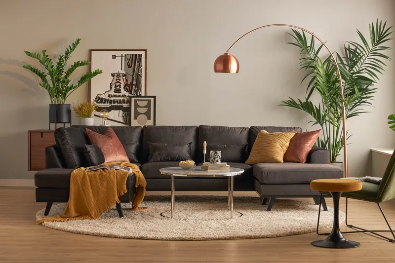 Copenhagen Compact 4-seters Venstrevendt U-formet Large Sofa med Divan og Sjeselong i Fløyel - Mørk grå - Møbler - Sofaer - U-sofa