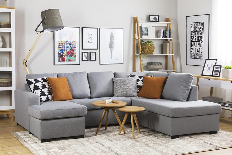 Crazy 4-seters Høyrevendt U-formet Large Sofa med Divan og Sjeselong i Stoff - Grå - Møbler - Sofaer - U-sofa