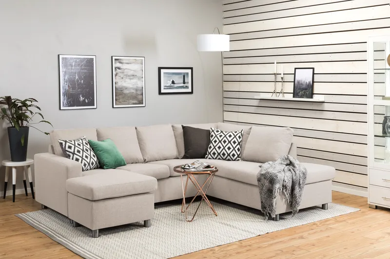 Crazy 4-seters Høyrevendt U-formet Small Sofa med Divan og Sjeselong i Stoff - Beige - Møbler - Sofaer - Sofaer med sjeselong - 4 seters sofa med divan